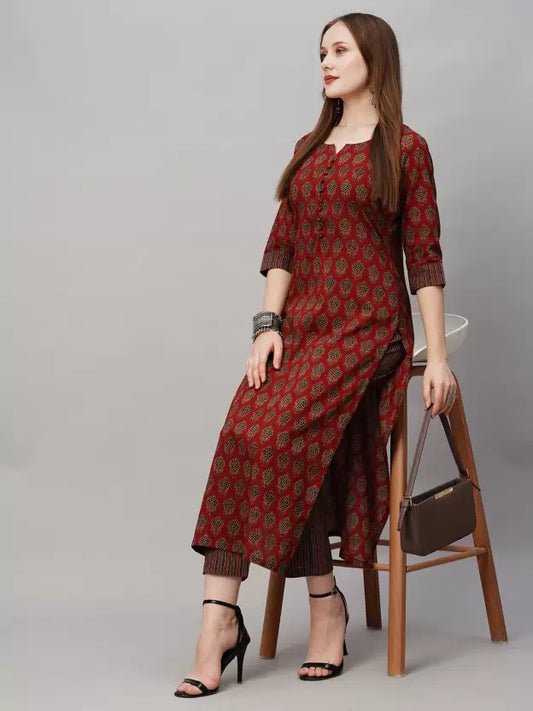 Women Maroon Cotton Blend Kurta Pant Set