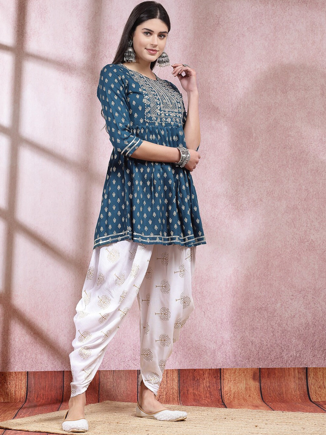 Teal Ethnic Motifs Printed & Embroidered Empire A Line Kurti With Dhoti Pant