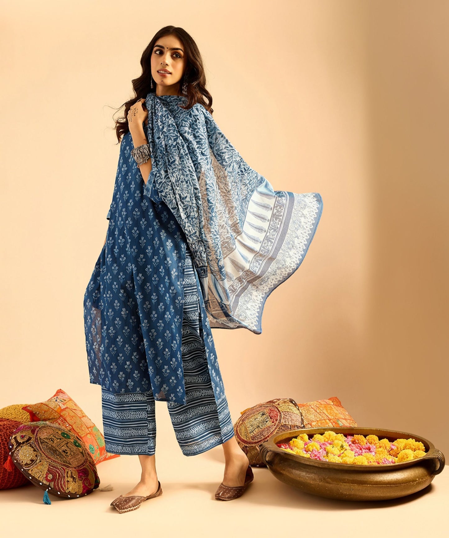 Women Pure Cotton Kurta Palazzo Dupatta Set