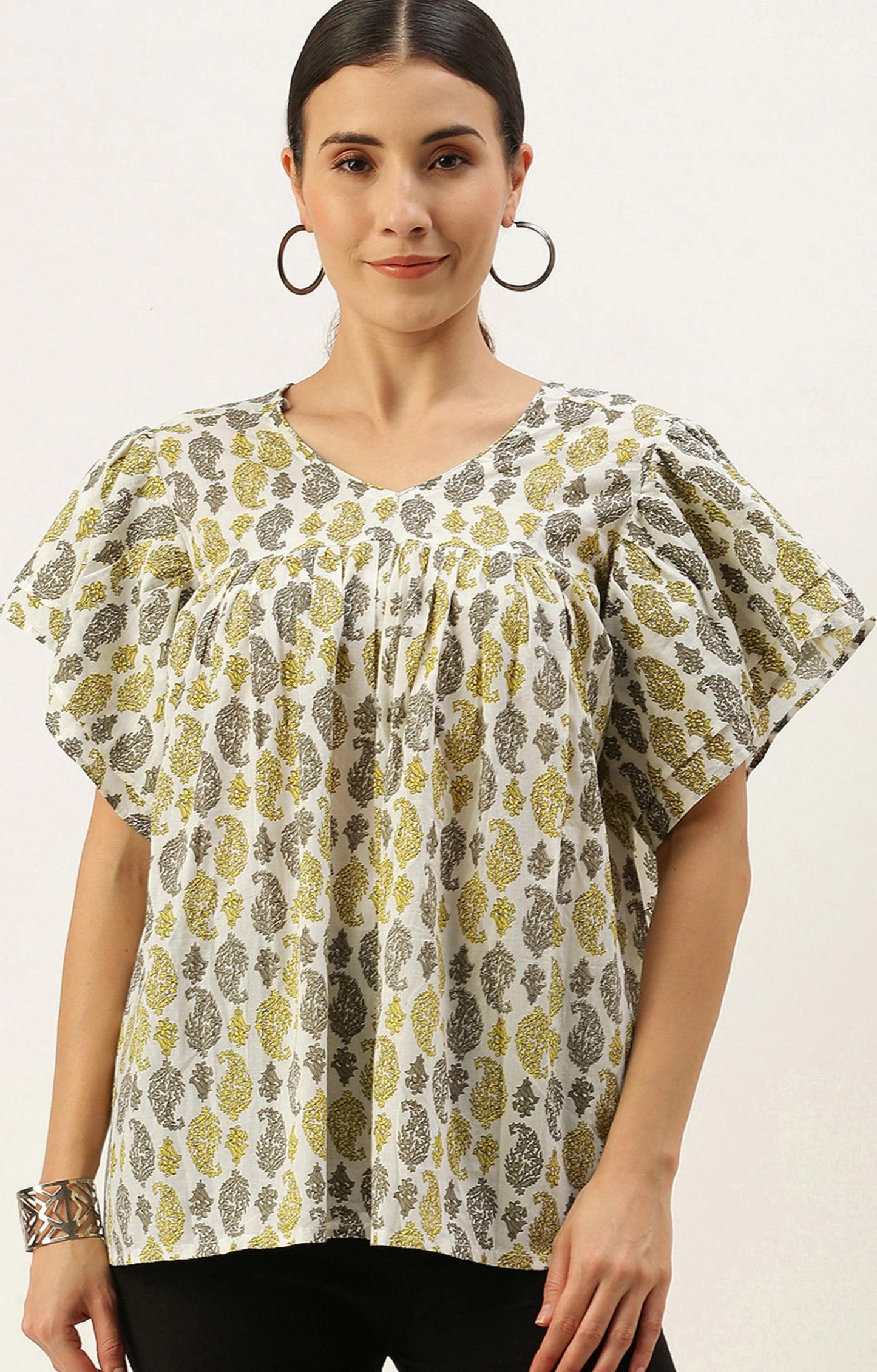 Casual Regular Sleeves Printed Women White-Yellow-Grey Top