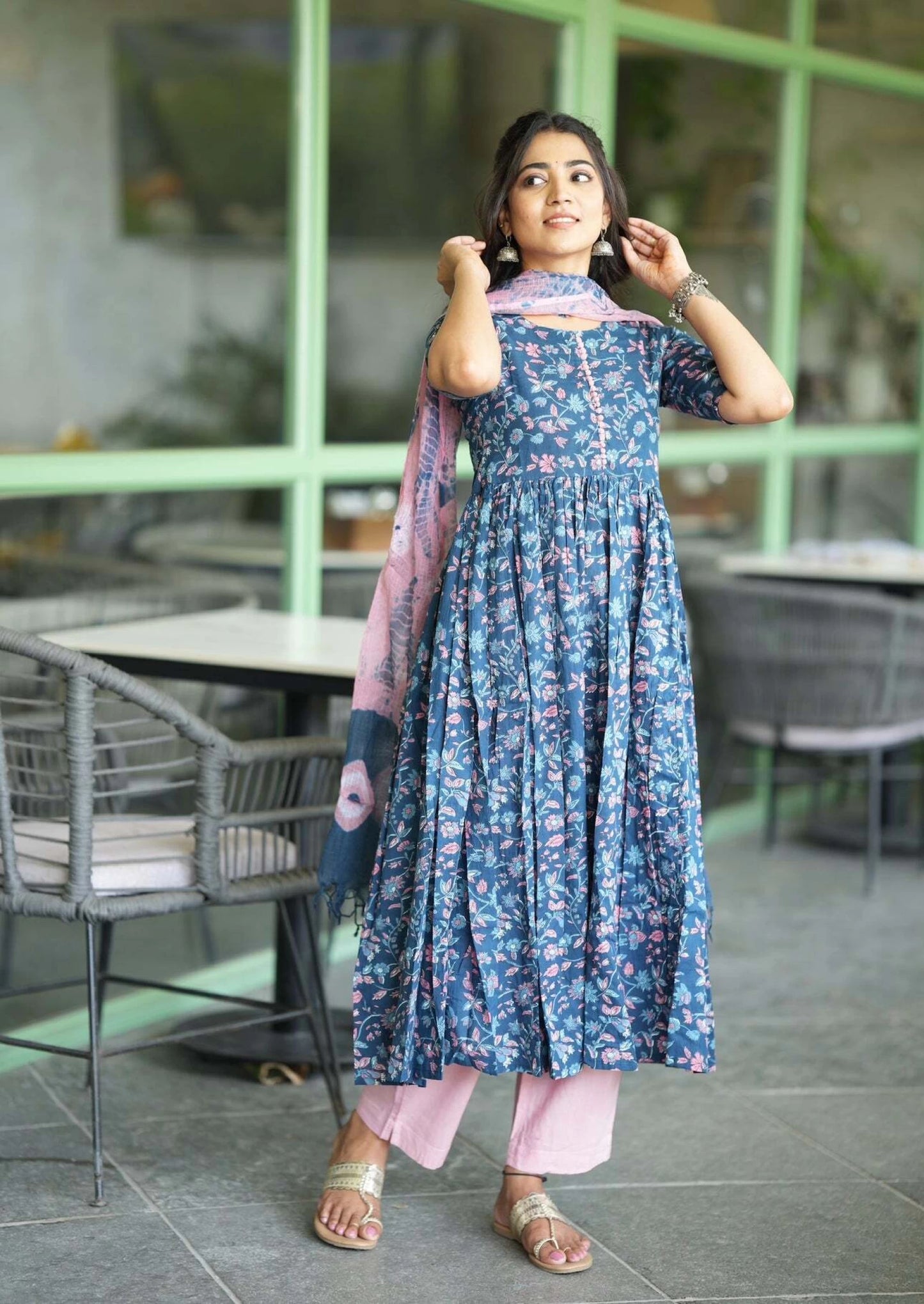 Women Blue Cotton Rayon Kurta Pant Dupatta Set