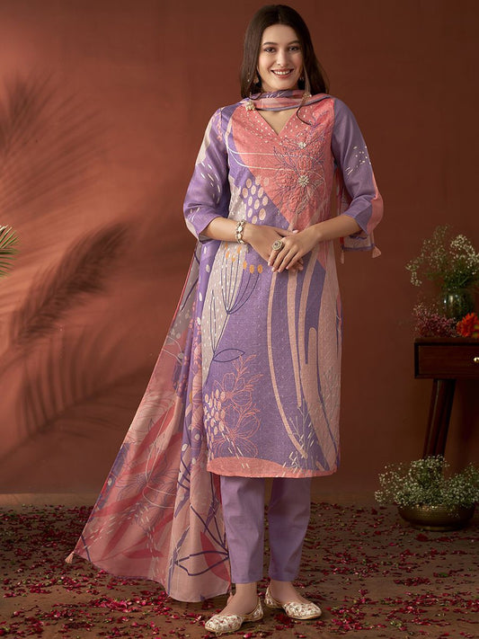 Lavender Floral Embroidered Beads & Stones Linen Kurta with Trousers & Dupatta