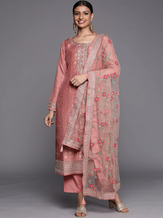 Women Peach-Coloured Floral Kurta with Trousers & Dupatta