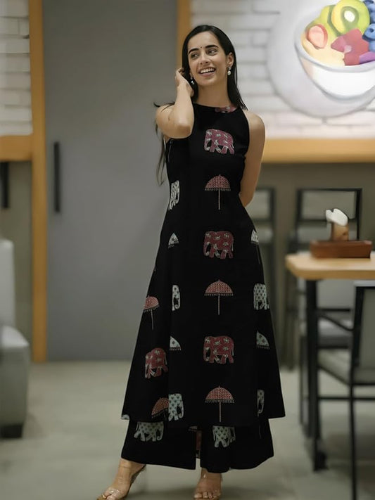 Elephant Print Sleeveless Kurta Palazzo set