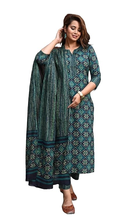 Women Printed Cotton Blend Straight Kurta Pant Dupatta Set - Amy's Cart