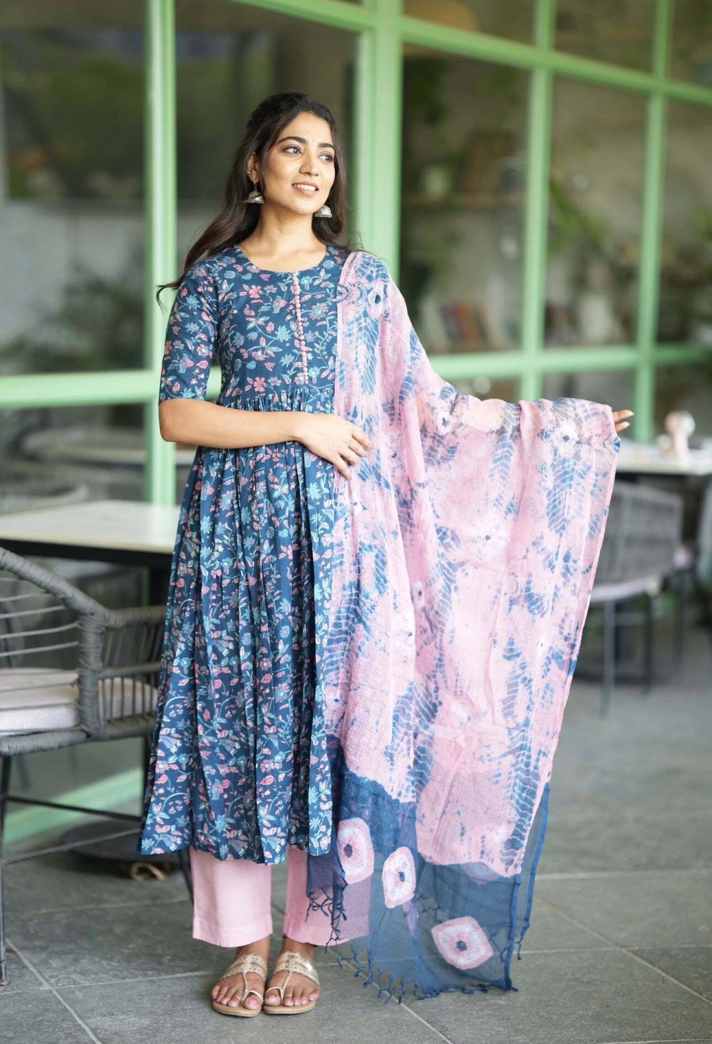Women Blue Cotton Rayon Kurta Pant Dupatta Set