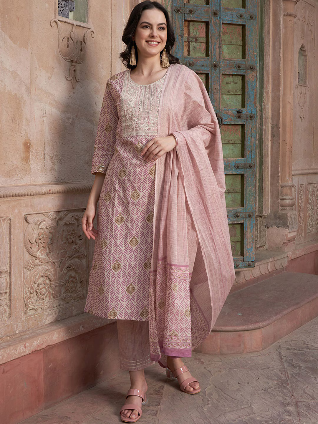 Mauve coloured Floral Printed Pure Cotton Kurta with Churidar & With Dupatta