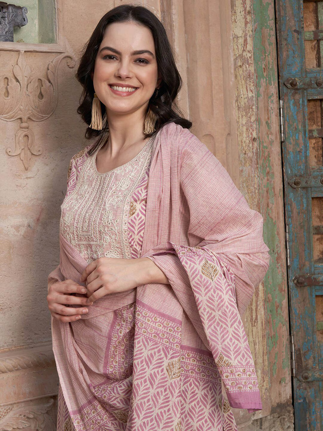 Mauve coloured Floral Printed Pure Cotton Kurta with Churidar & With Dupatta