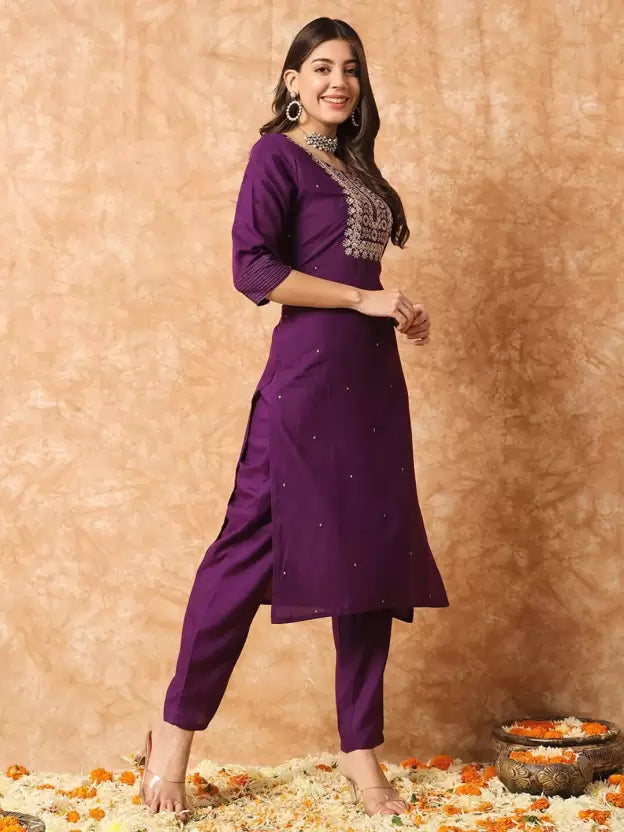 Women Purple Viscose Rayon Kurta Pant Dupatta Set