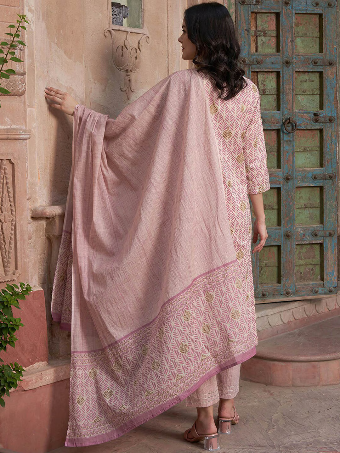 Mauve coloured Floral Printed Pure Cotton Kurta with Churidar & With Dupatta