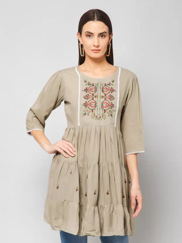 Casual Regular Sleeves Embroidered Women Beige Top