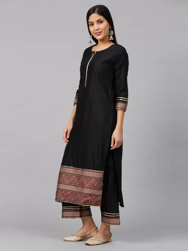 Women Black Cotton Silk Kurta Palazzo Dupatta Set