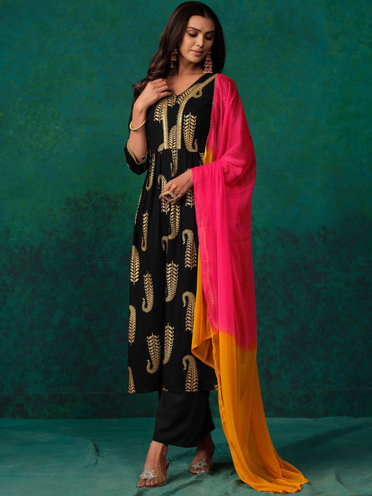 Ethnic Motifs Printed V-Neck A-Line Kurta With Trouser & Dupatta