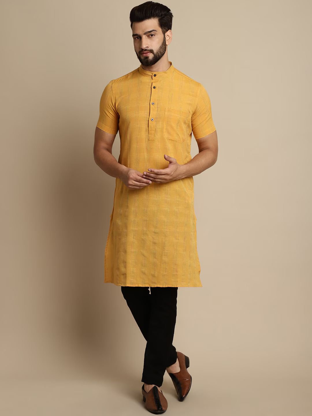 Checked Pure Cotton Band Collar Kurta