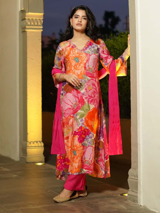 Women Floral Printed Regular Kurta with Trousers & With Dupatta