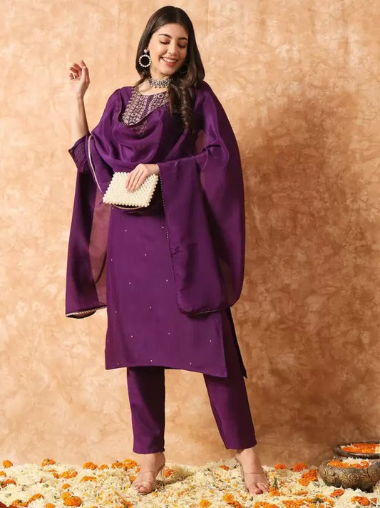 Women Purple Viscose Rayon Kurta Pant Dupatta Set