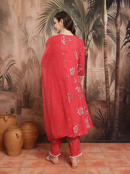Floral Printed Sequinned & Thread Work Detail A-Line Kurta with Trousers & Dupatta - Amy's Cart