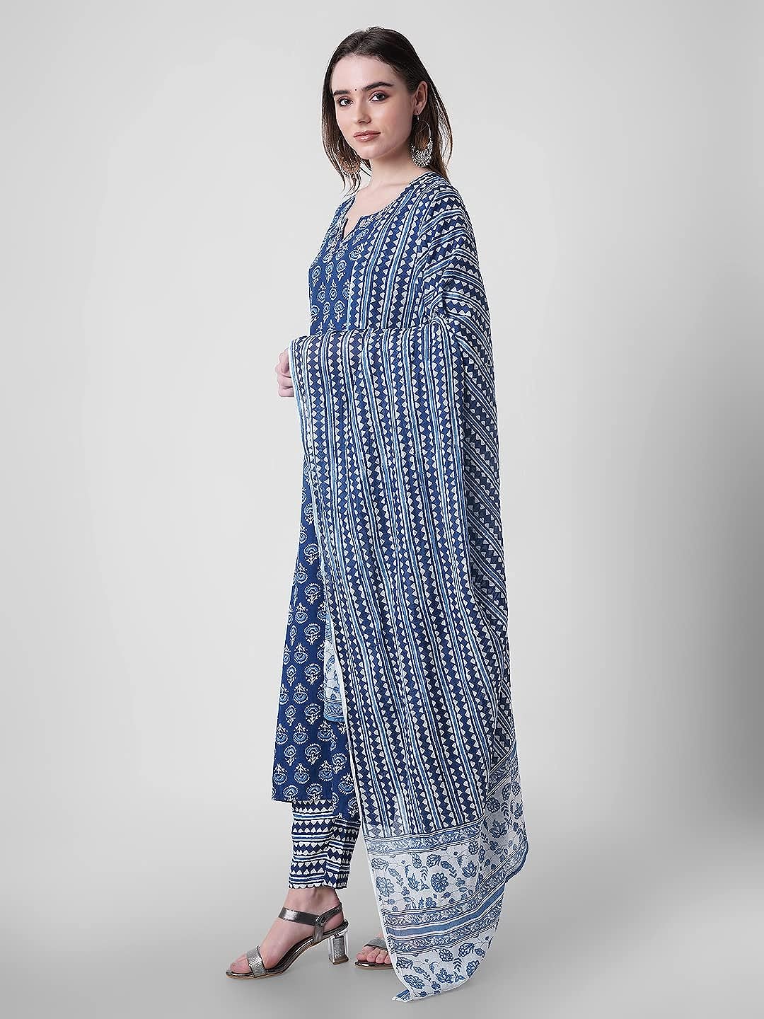 Women's Rayon Printed Blue Sraight Kurta with Pants and Dupatta Set