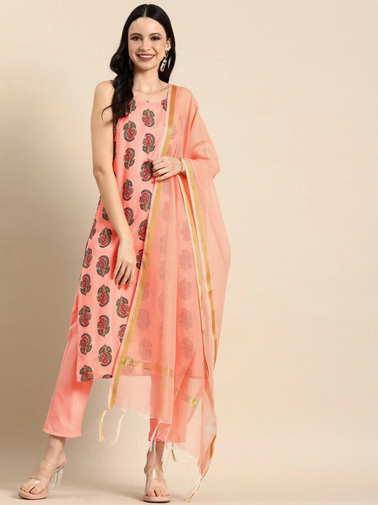 Women Peach Polyester Kurta Pant Set