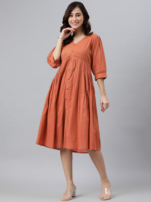 Coral Orange Cotton Western Dress