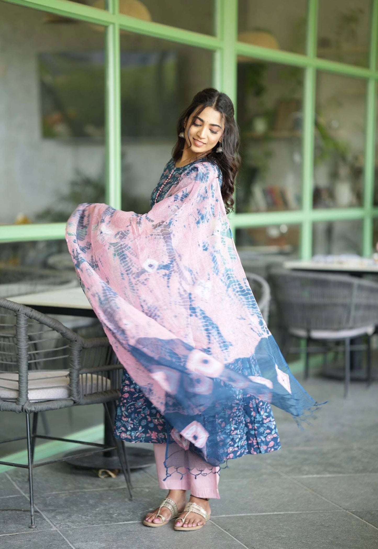 Women Blue Cotton Rayon Kurta Pant Dupatta Set