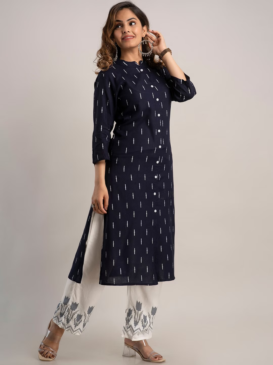 Women Navy Blue Printed Kurta with Trousers