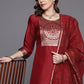 Women Red Cotton Blend Kurta Palazzo Dupatta Set