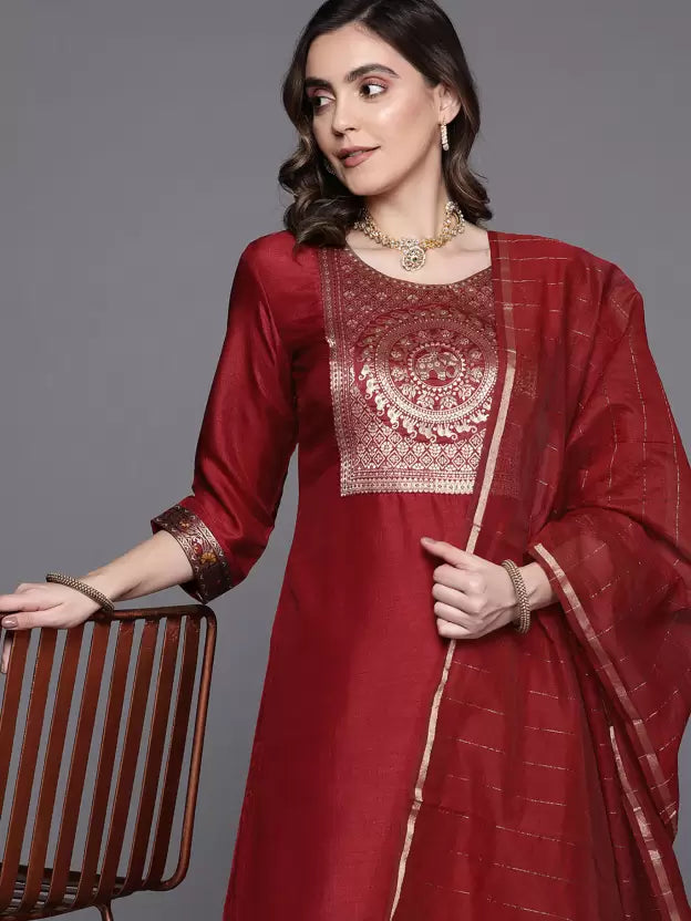 Women Red Cotton Blend Kurta Palazzo Dupatta Set