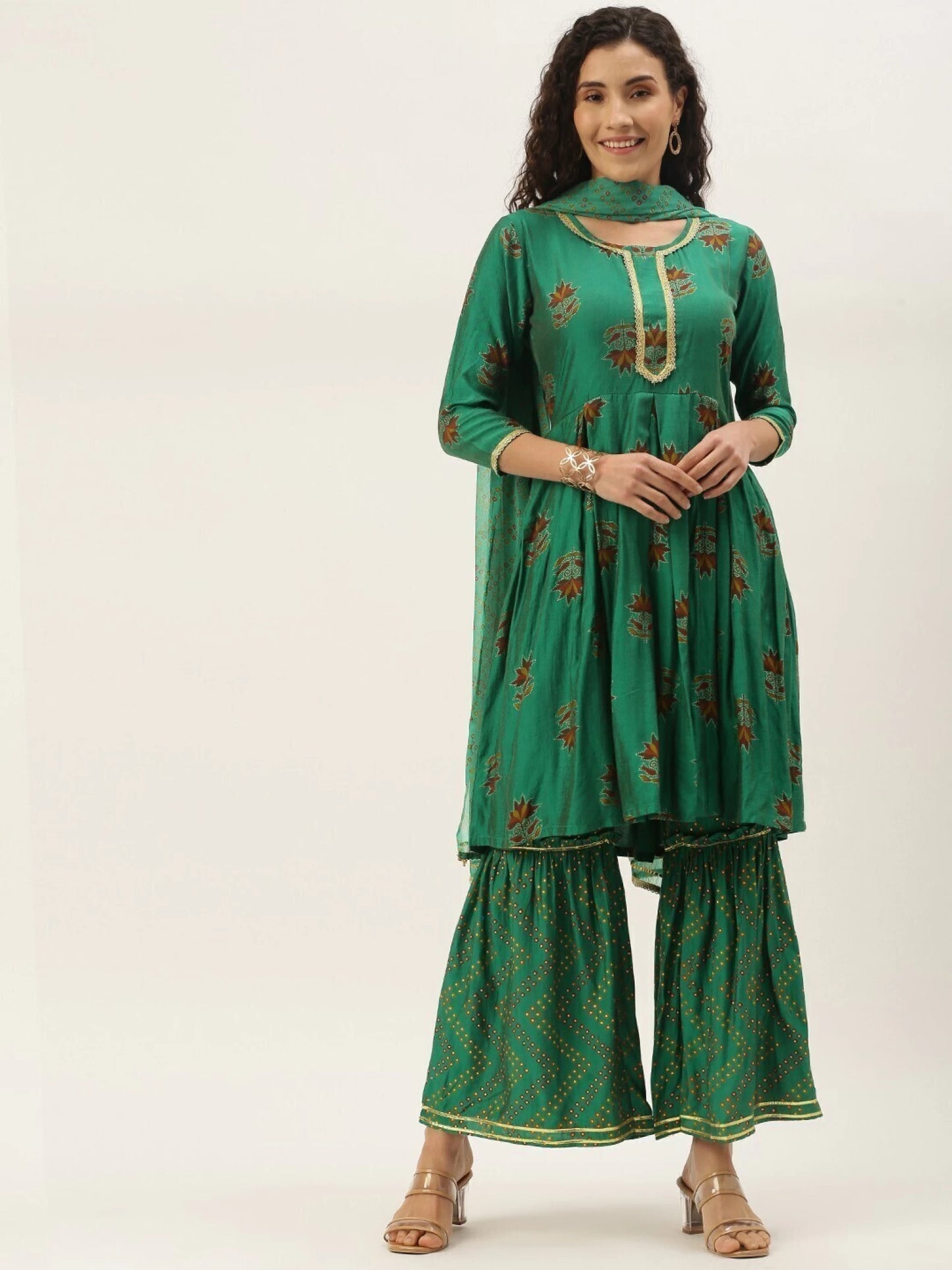 Women Green Cotton Blend Kurta Sharara Dupatta Set