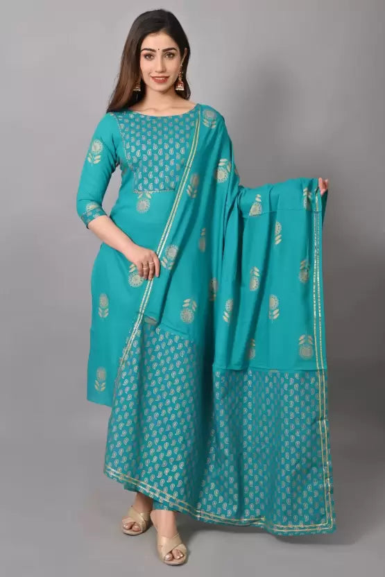 Women Blue Viscose Rayon Kurta Pant Dupatta Set