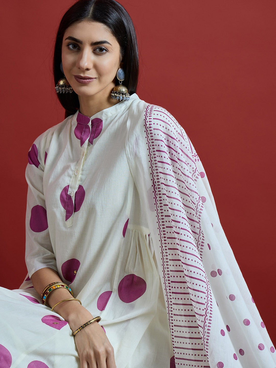 Magenta & Off White Geometric Printed Pure Cotton Kurta with Palazzos & With Dupatta