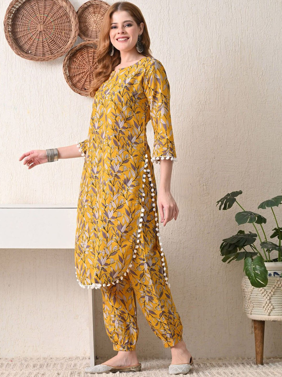 Floral Printed V-Neck Pure Cotton Straight Kurta With Salwar