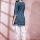 Teal Ethnic Motifs Printed & Embroidered Empire A Line Kurti With Dhoti Pant