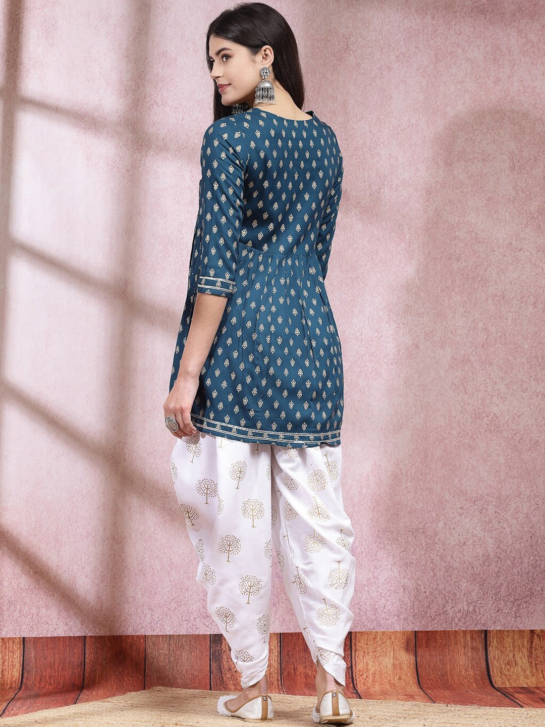 Teal Ethnic Motifs Printed & Embroidered Empire A Line Kurti With Dhoti Pant