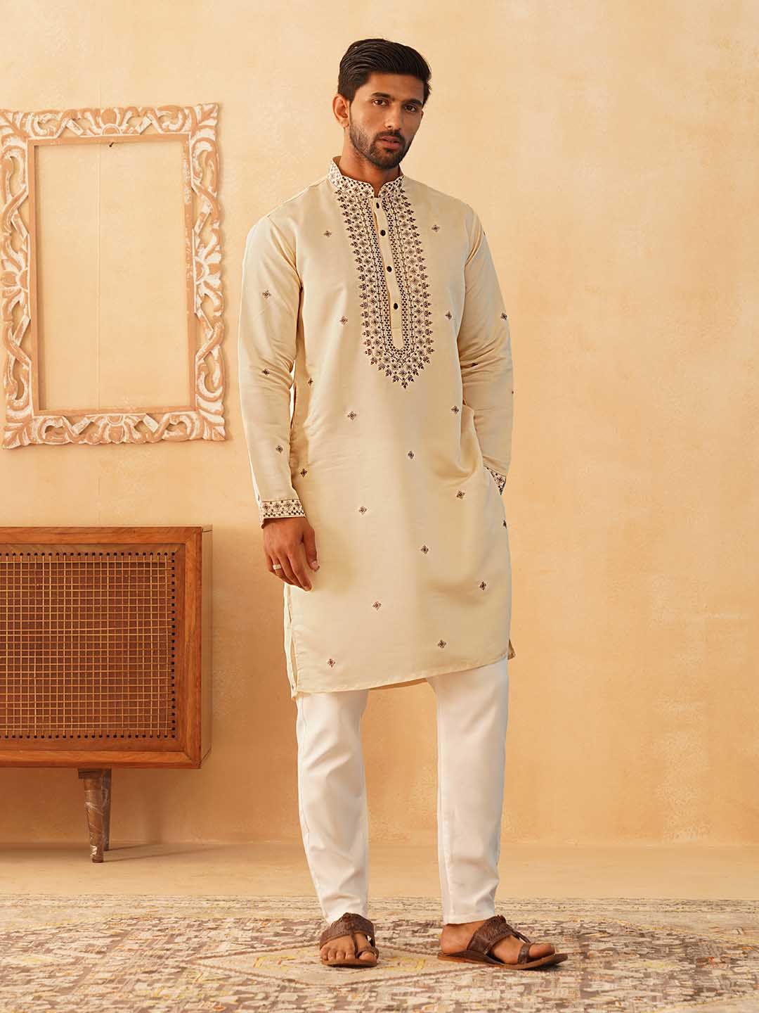 Men Embroidered Sequin Straight Kurta with Pyjamas