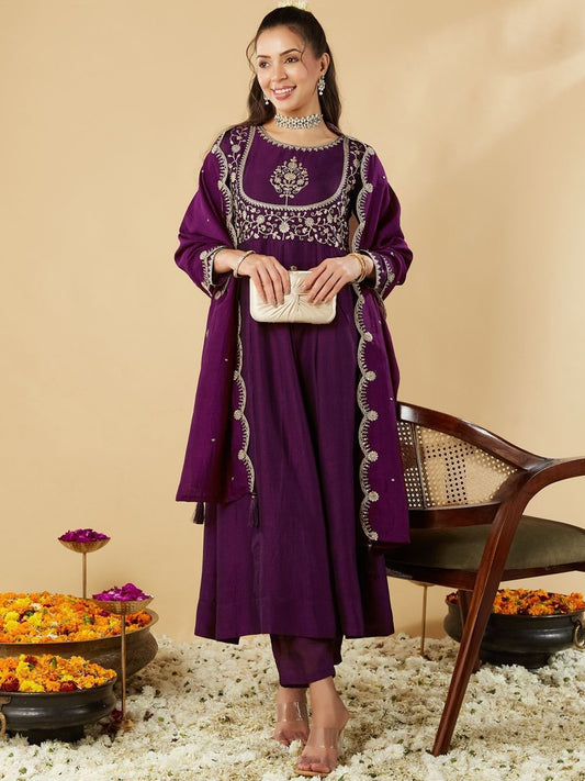 Women Woven Design Embroidered Anarkali Kurta with Trousers & Dupatta