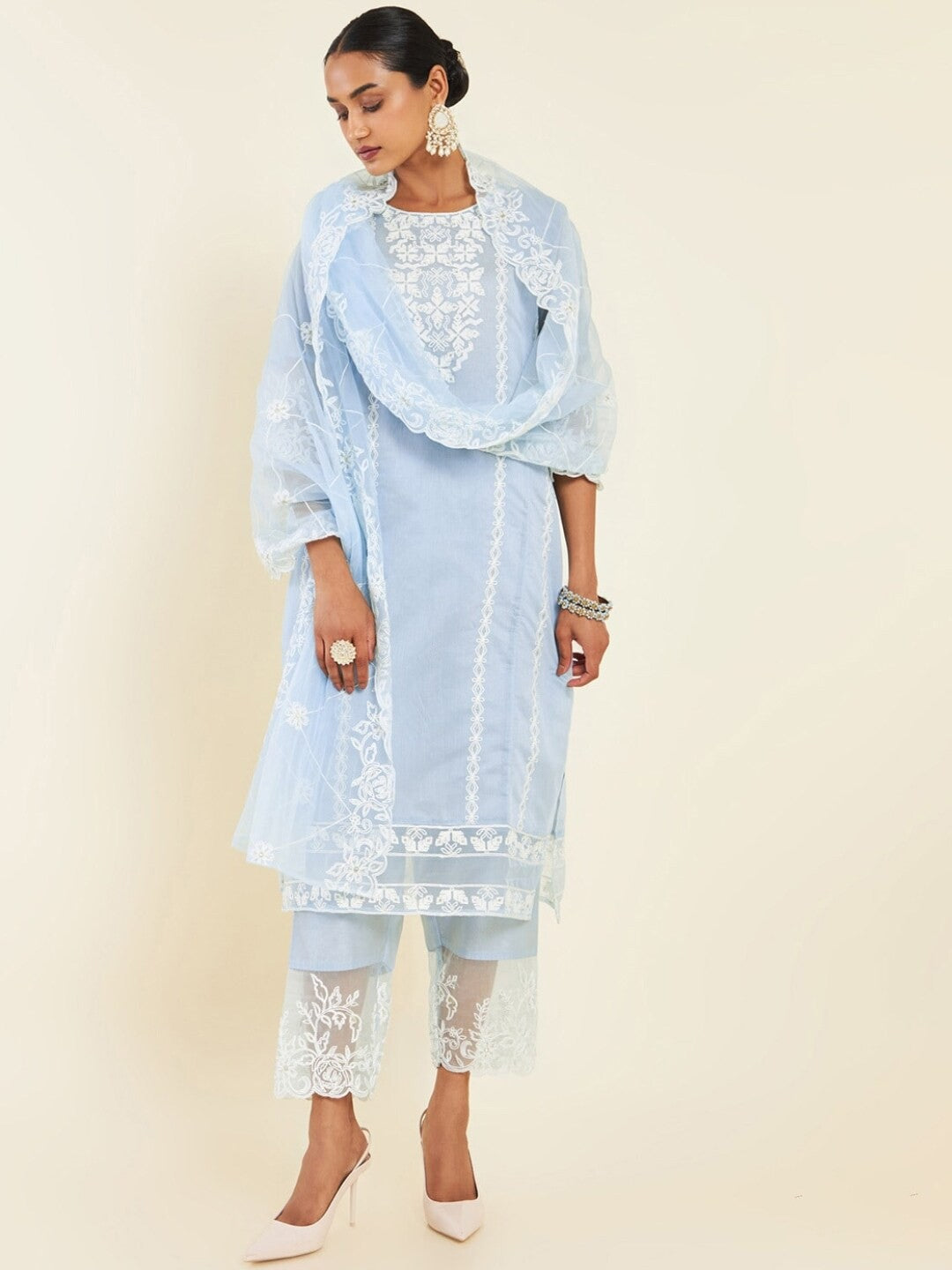 Floral Embroidered Panelled Kurta with Trousers & Dupatta