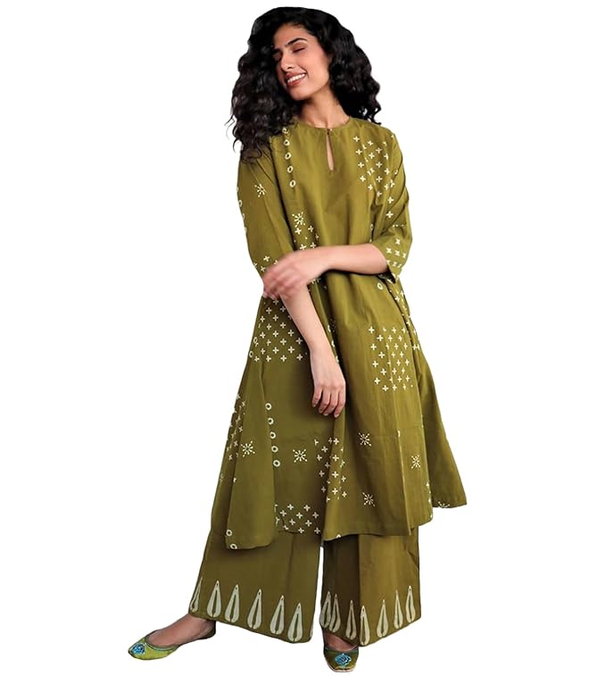 Mehandi Cotton Kurta Palazzo Set