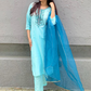 Women Blue Embroidered Regular Kurti with Trousers & With Dupatta