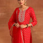 Women Red Viscose Rayon Kurta Pant Dupatta Set