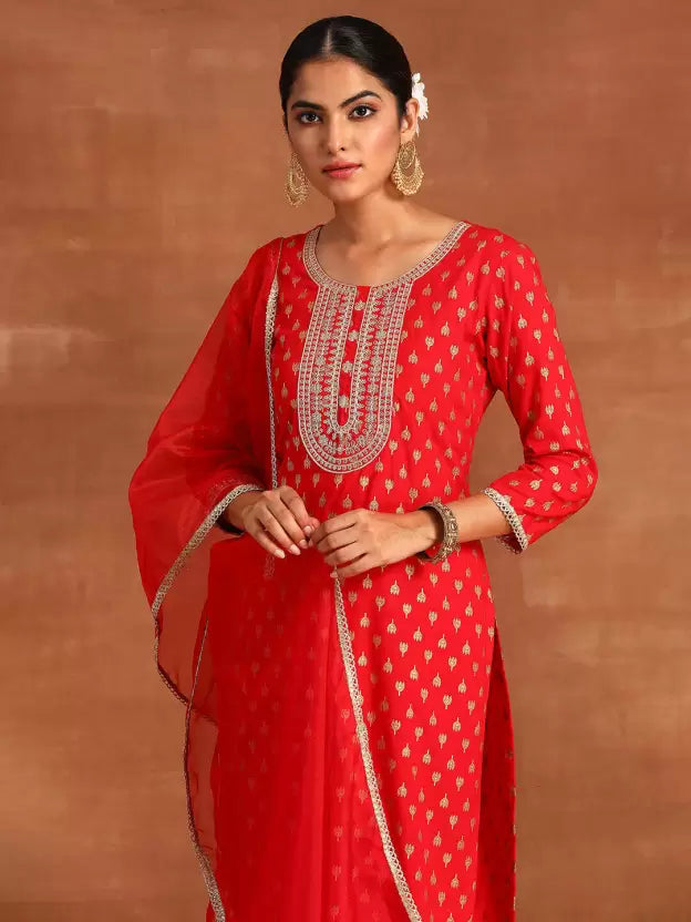 Women Red Viscose Rayon Kurta Pant Dupatta Set