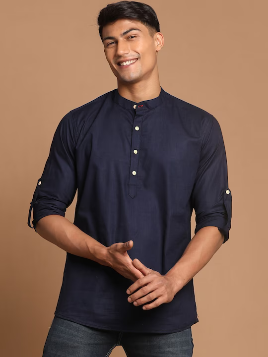 Men Band Collar Roll-Up Sleeves Kurta