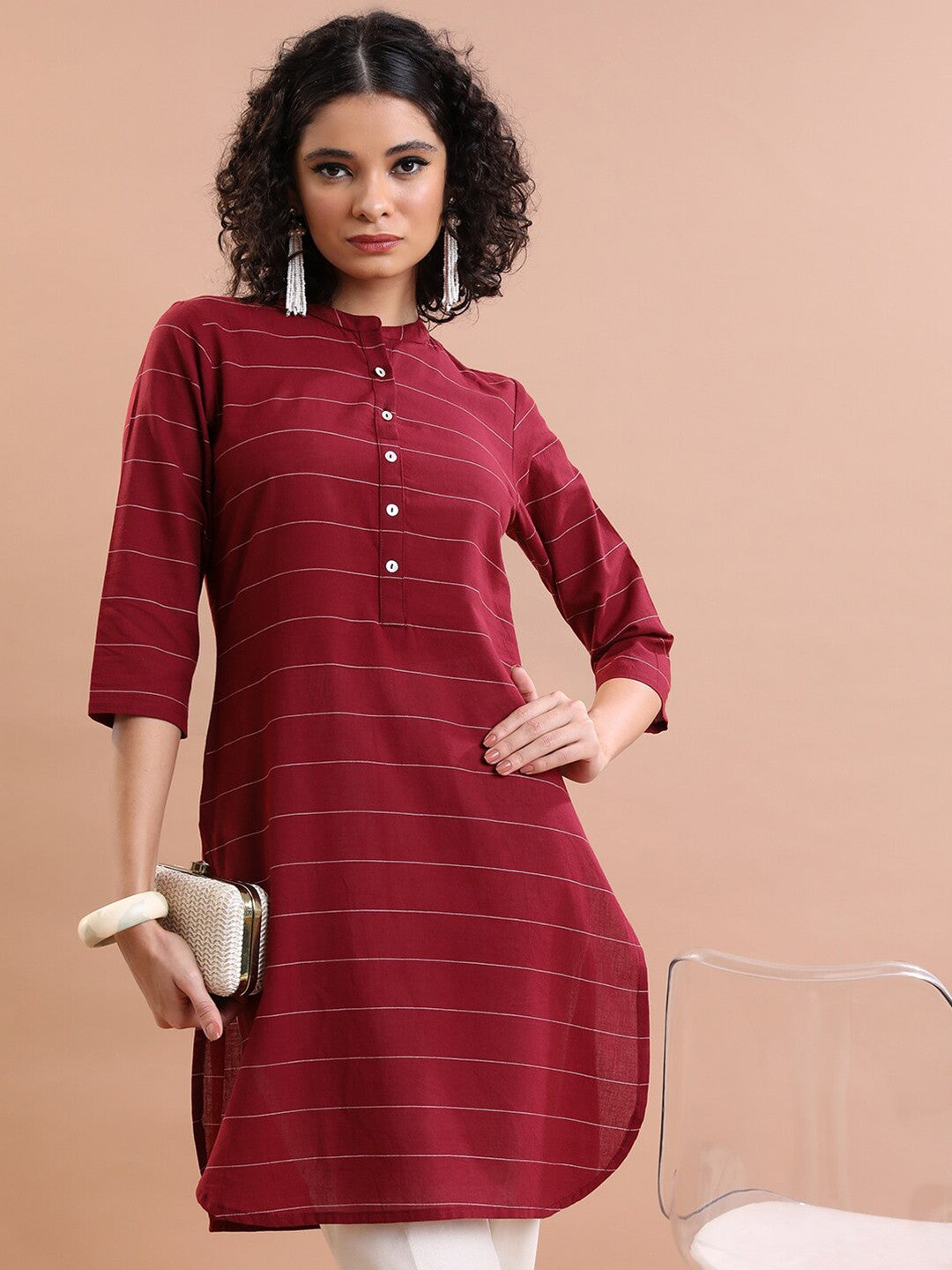 Striped Mandarin Collar Pure Cotton Tunic