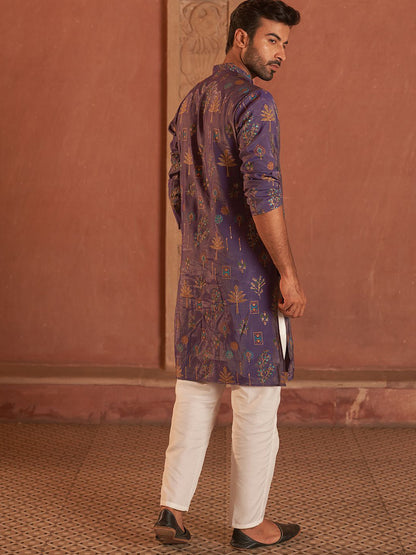 Men Floral Printed Solid Regular Knee Length Kurta with Pyjamas