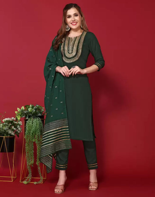 Women Green Cotton Blend, Silk Blend Kurta Pyjama Dupatta Set