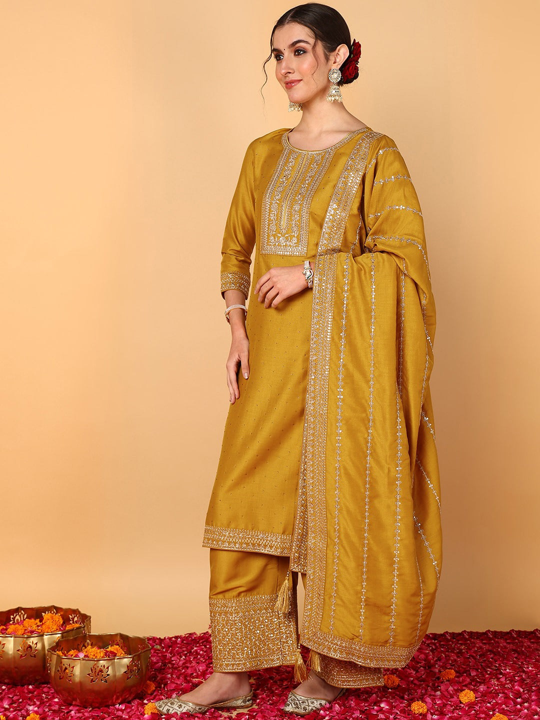 Floral Embroidered Regular Kurta & Palazzos With Dupatta