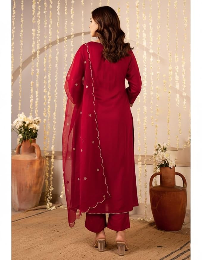 Women Embroidery Solid Anarkali Kurta and Pant Set with Dupatta