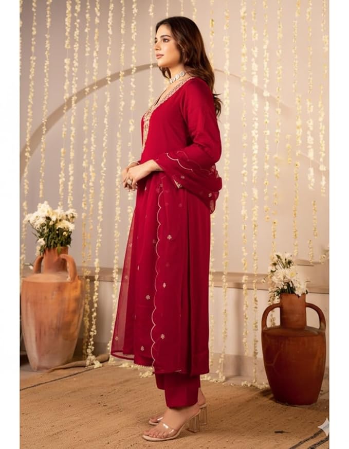 Women Embroidery Solid Anarkali Kurta and Pant Set with Dupatta