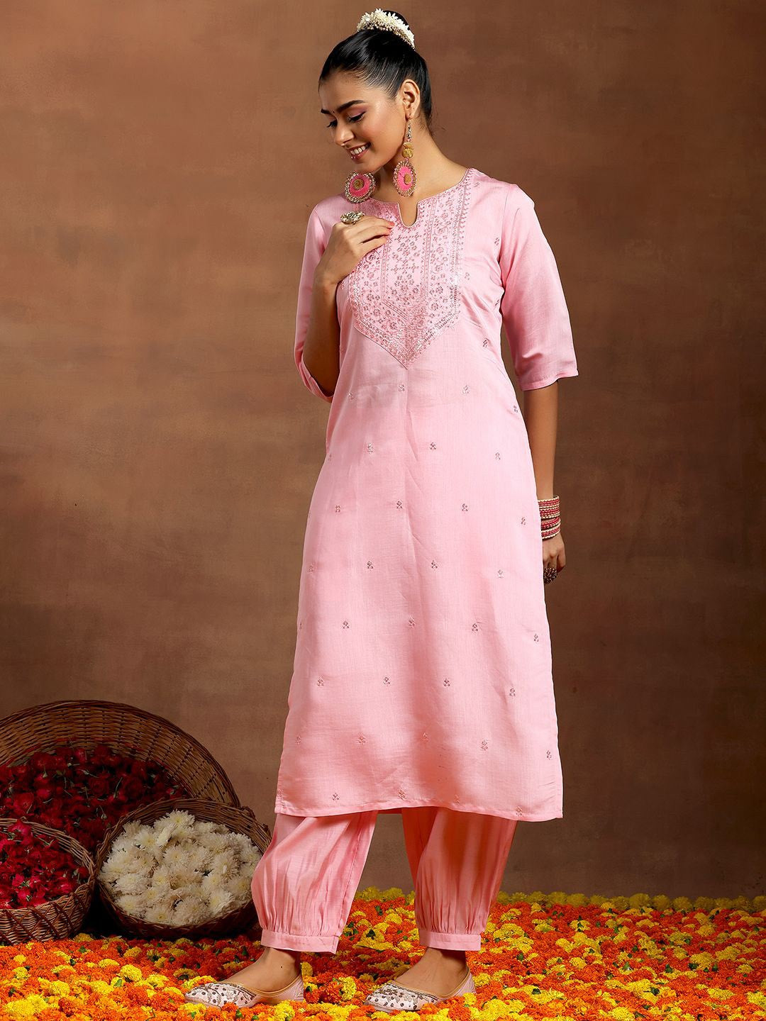 Ethnic Motifs Embroidered Regular Sequinned Straight Kurta with Salwar