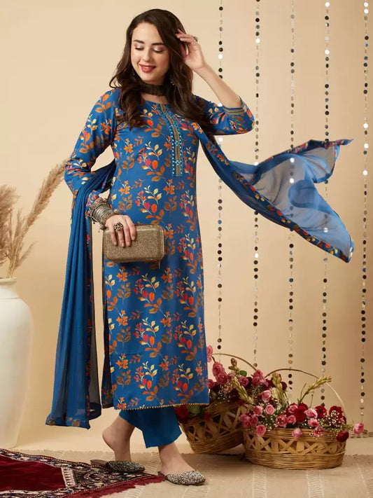 Women Blue Floral Cotton Blend Kurta Pant Dupatta Set